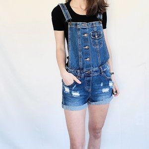 Boutique Brand Uniq Blue Distressed Denim Shorts Overalls Women's Size Small